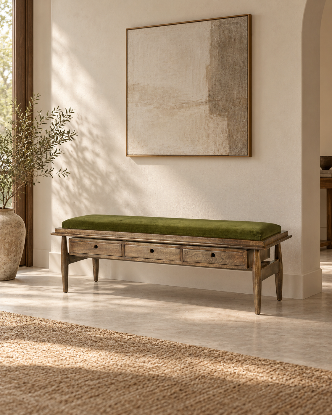 Hokusai Wooden Upholstered Bench with 3 Drawers