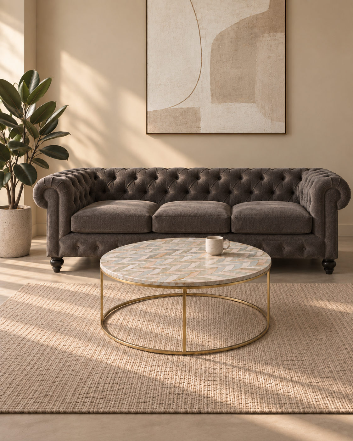 Alexander Stone Top Coffee Table with Onyx Inlay & Iron Base